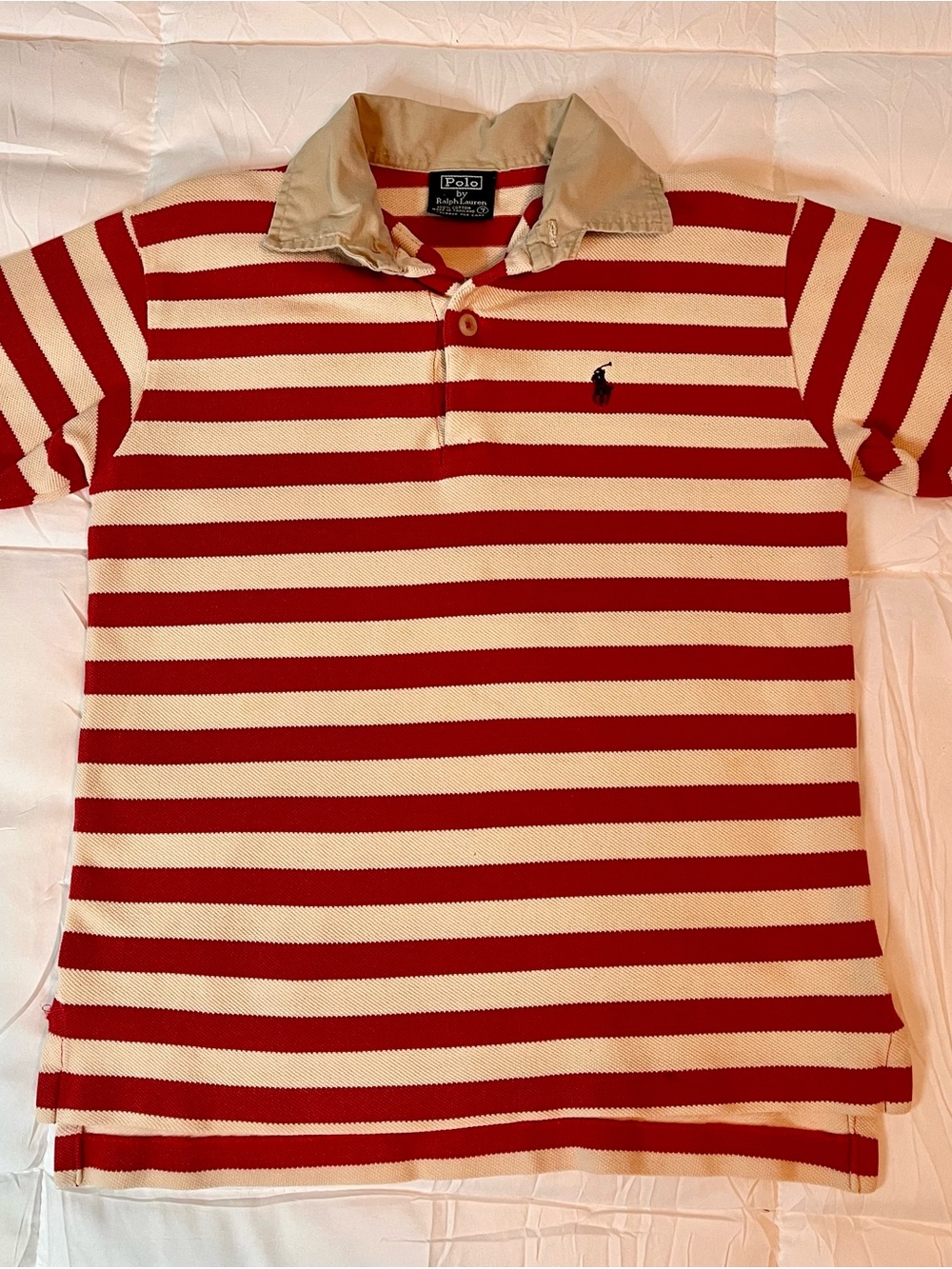Ralph Lauren Kids Red & Cream Striped Rugby Polo with Tan Collar Sz 7